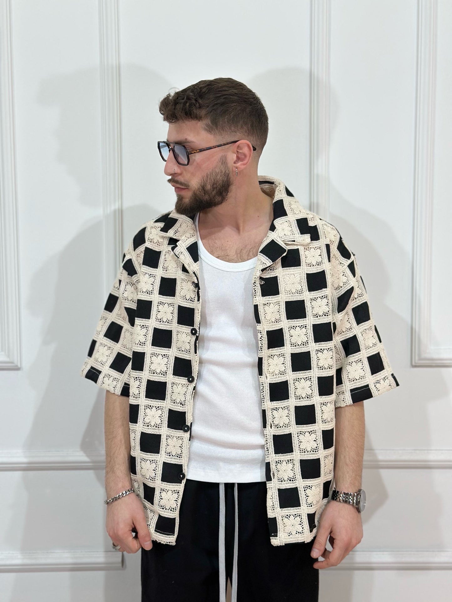 camicia fantasia a quadri black White