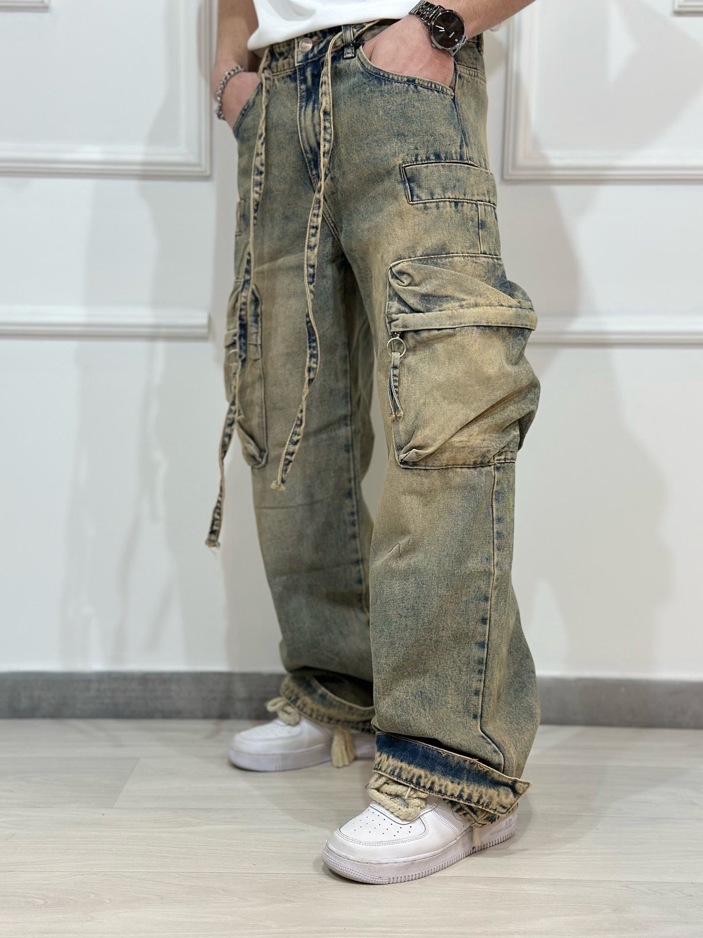JEANS CARGO TASCONI SABBIA