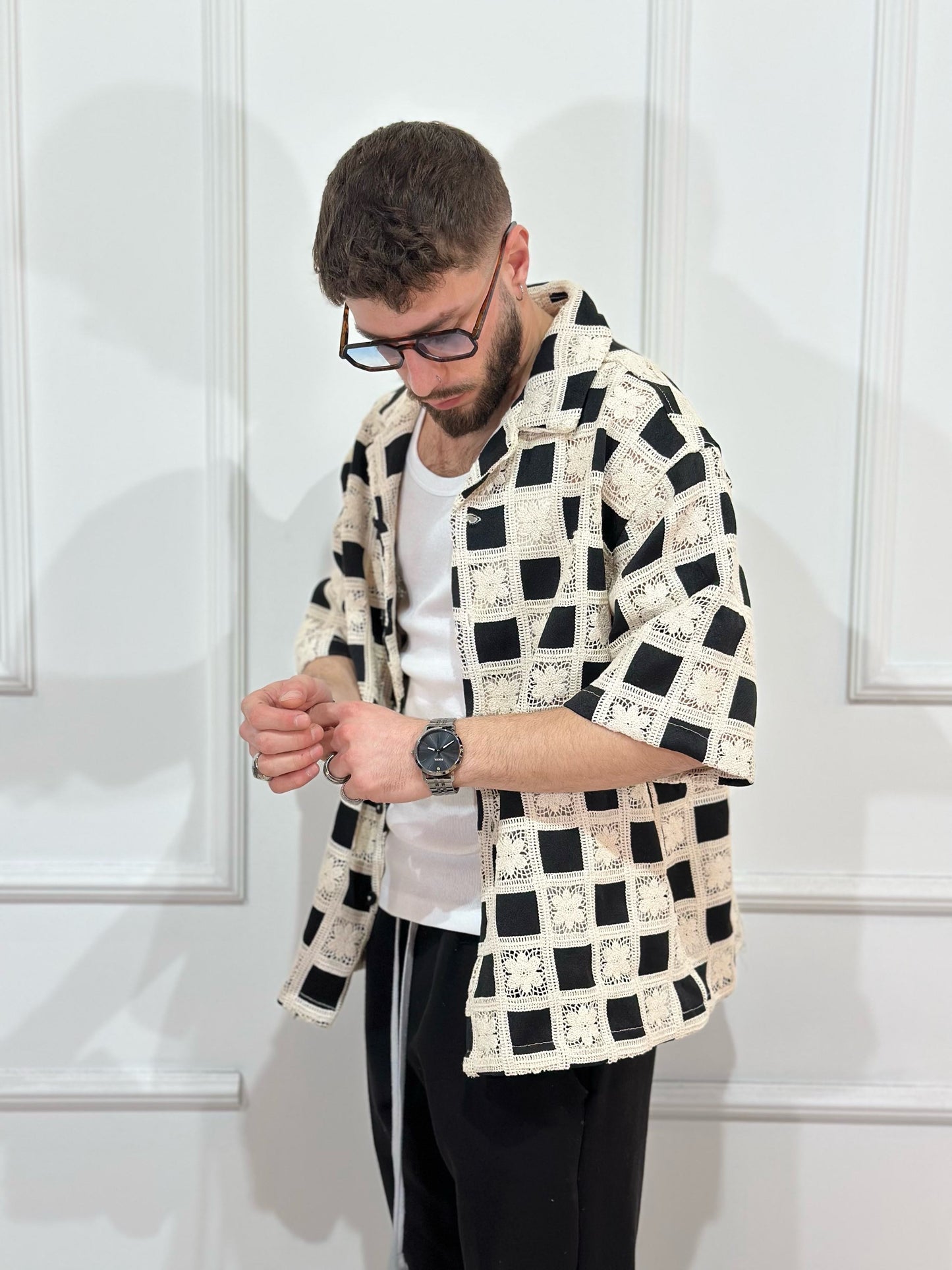 camicia fantasia a quadri black White