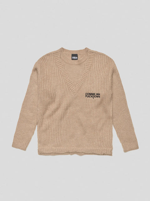 MAGLIONE COMME des FUCKDOWN   CON EFFETTO SOVRAPPOSTO SUL COLLO E RICAMO • BEIGE
