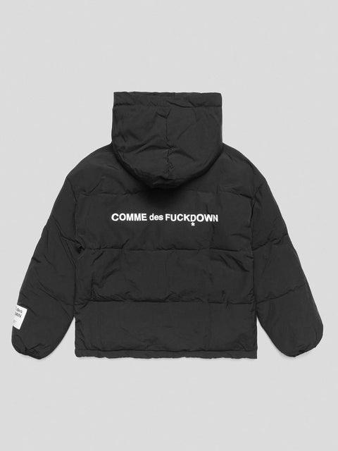 GIUBBOTTO COMME des FUCKDOWN  IN NYLON CON STAMPA SUL DAVANTI E SUL RETRO • NERO