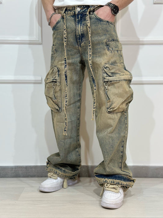 JEANS CARGO TASCONI SABBIA