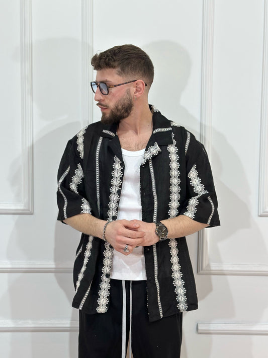 camicia fantasia black and White long