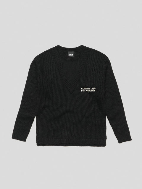 MAGLIONE COMME des FUCKDOWN   CON EFFETTO SOVRAPPOSTO SUL COLLO E RICAMO • NERO